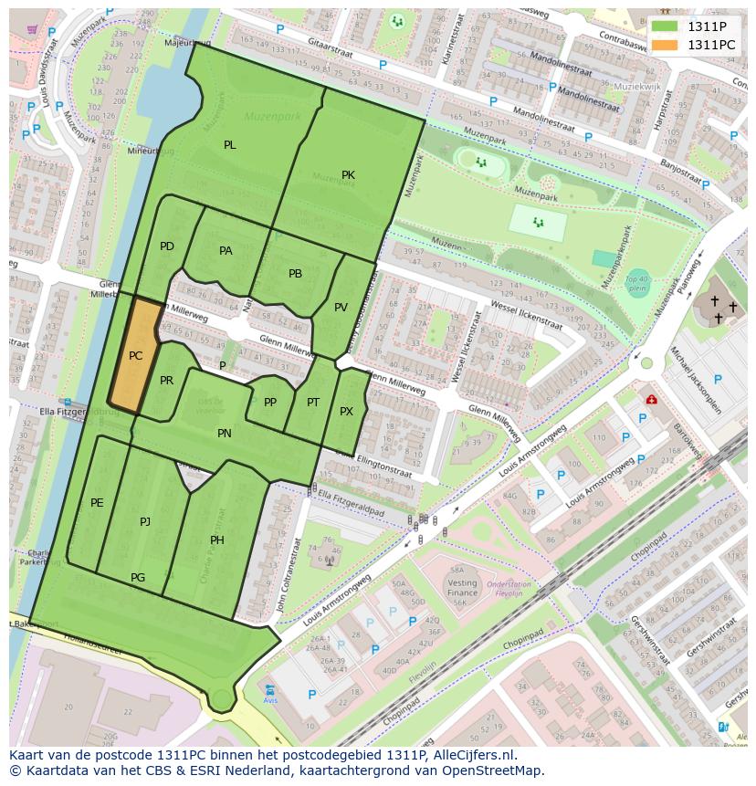 Afbeelding van het postcodegebied 1311 PC op de kaart.