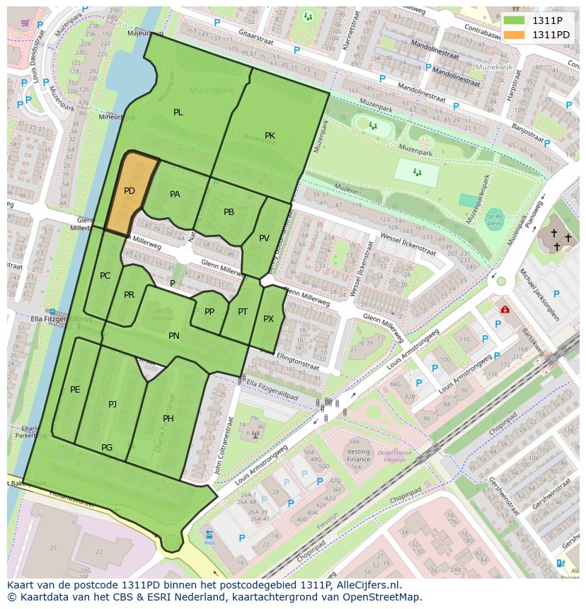 Afbeelding van het postcodegebied 1311 PD op de kaart.