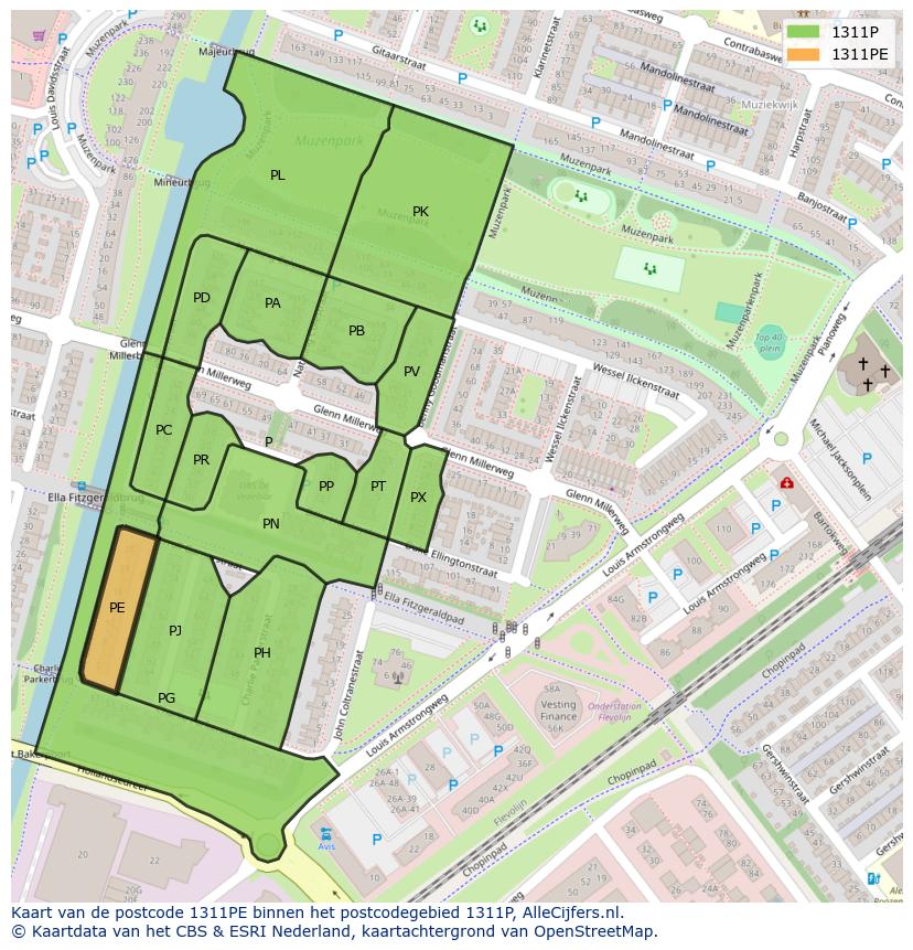 Afbeelding van het postcodegebied 1311 PE op de kaart.