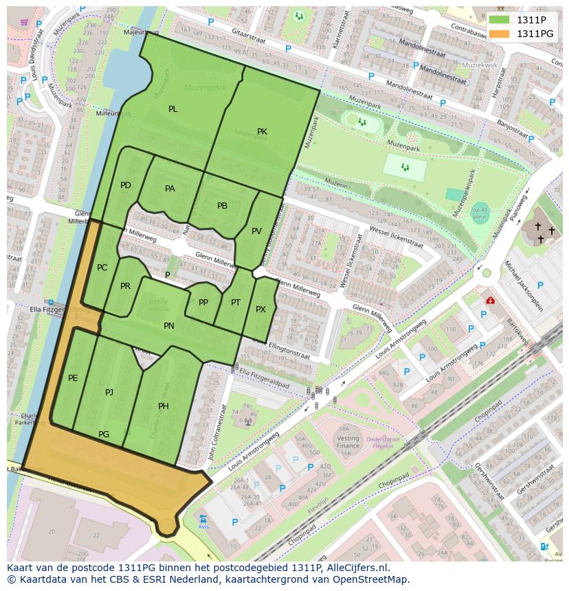 Afbeelding van het postcodegebied 1311 PG op de kaart.