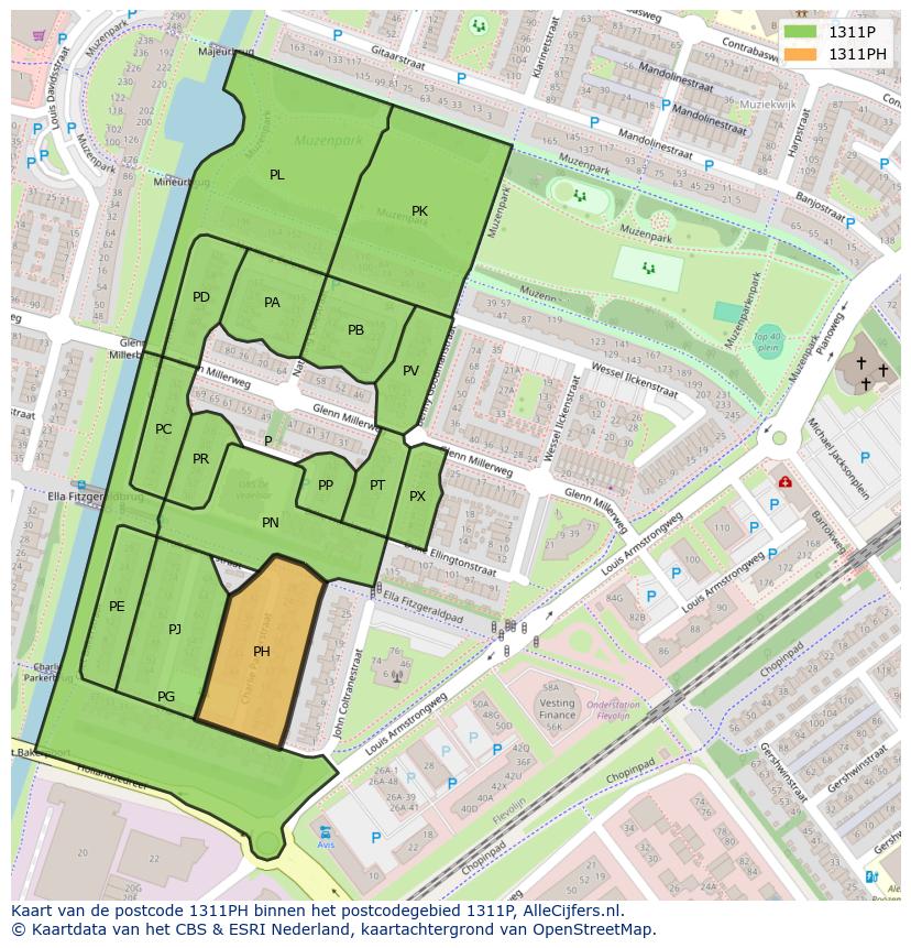 Afbeelding van het postcodegebied 1311 PH op de kaart.