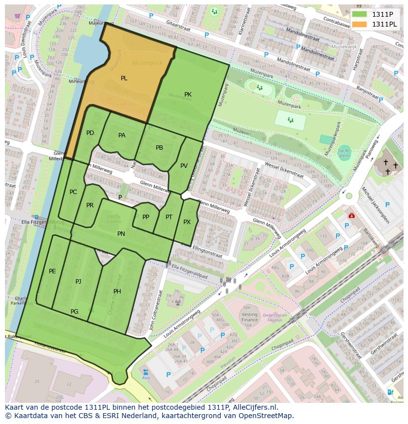 Afbeelding van het postcodegebied 1311 PL op de kaart.