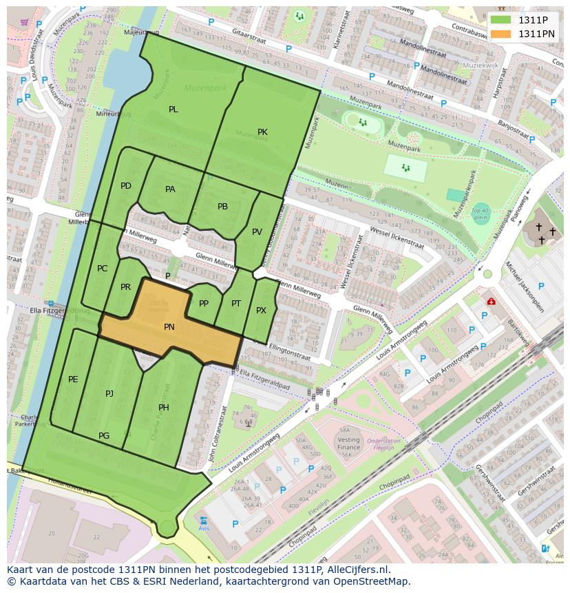 Afbeelding van het postcodegebied 1311 PN op de kaart.