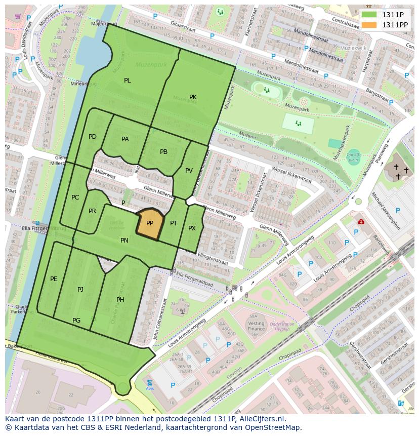 Afbeelding van het postcodegebied 1311 PP op de kaart.