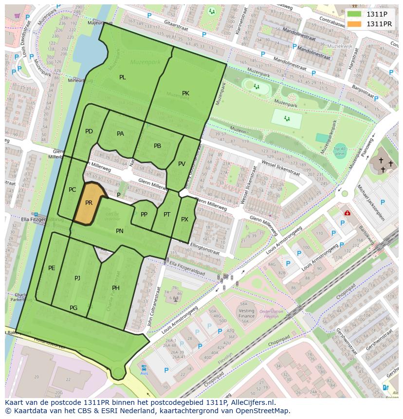 Afbeelding van het postcodegebied 1311 PR op de kaart.