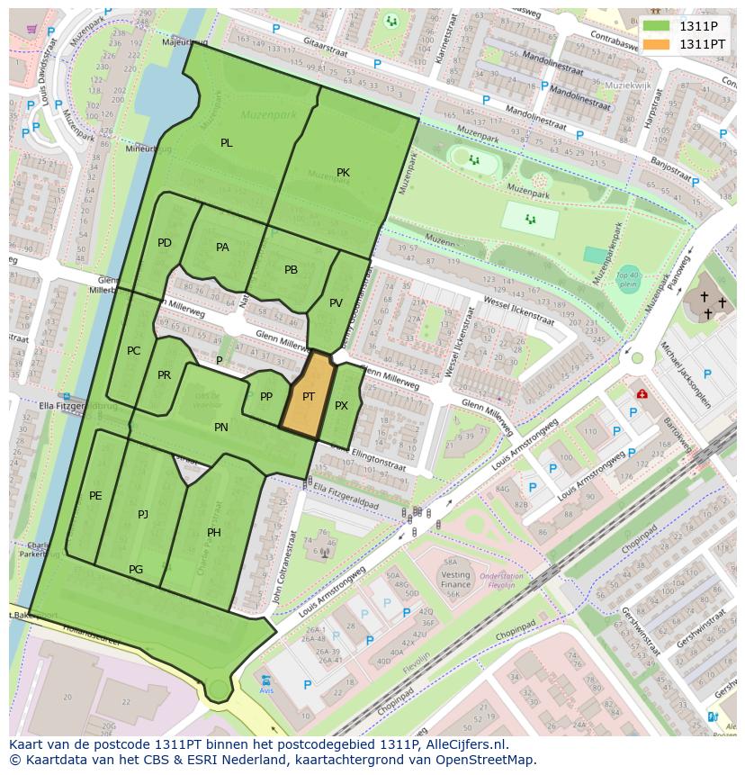 Afbeelding van het postcodegebied 1311 PT op de kaart.
