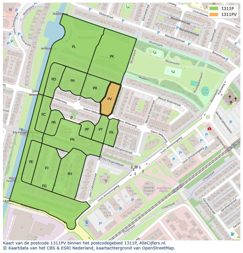 Afbeelding van het postcodegebied 1311 PV op de kaart.