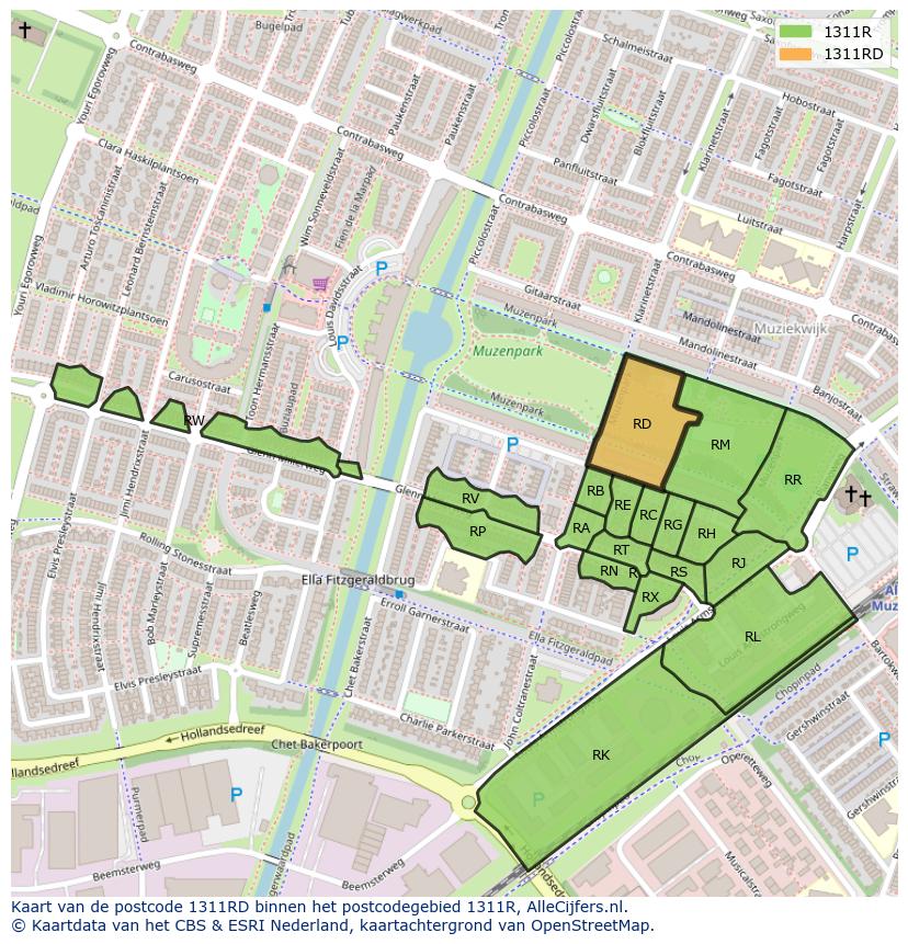 Afbeelding van het postcodegebied 1311 RD op de kaart.