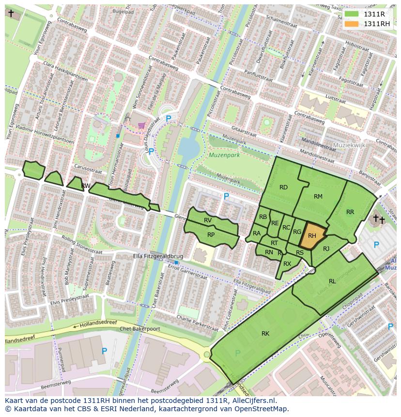Afbeelding van het postcodegebied 1311 RH op de kaart.