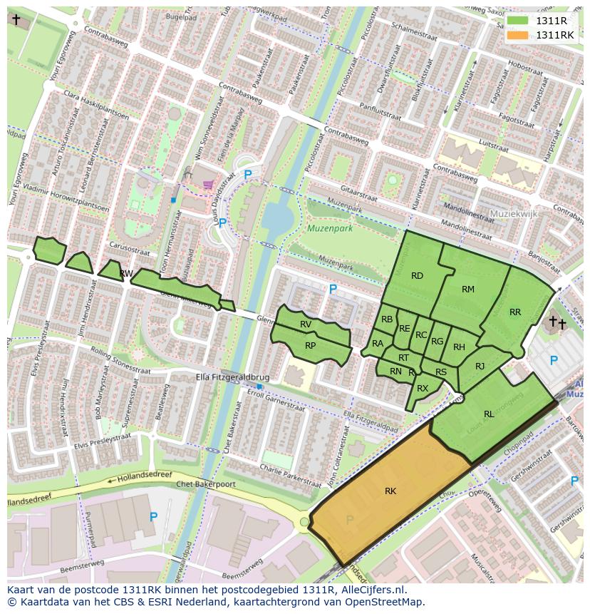 Afbeelding van het postcodegebied 1311 RK op de kaart.