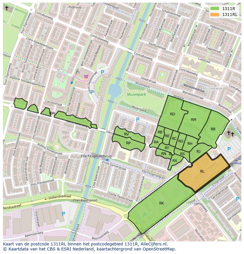 Afbeelding van het postcodegebied 1311 RL op de kaart.