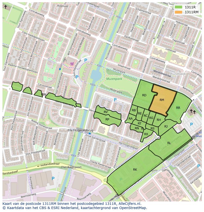 Afbeelding van het postcodegebied 1311 RM op de kaart.