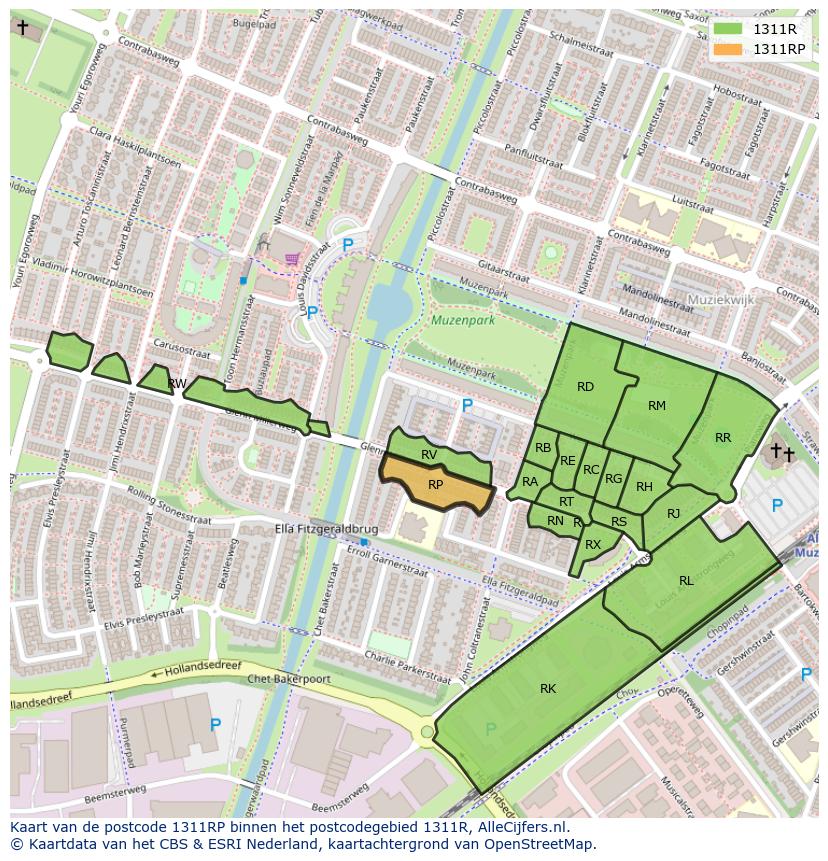 Afbeelding van het postcodegebied 1311 RP op de kaart.
