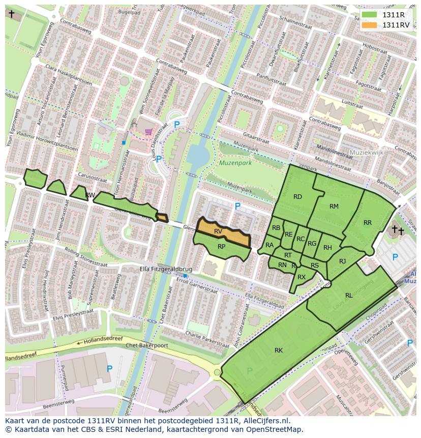 Afbeelding van het postcodegebied 1311 RV op de kaart.