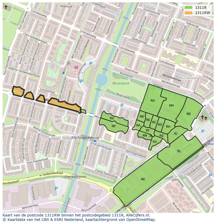 Afbeelding van het postcodegebied 1311 RW op de kaart.