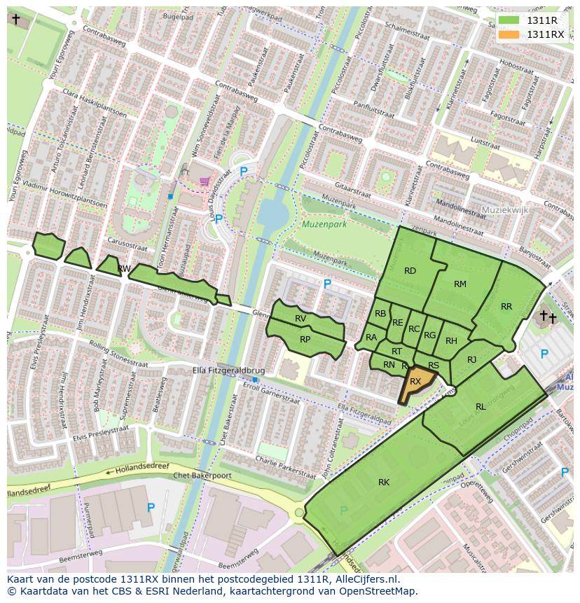 Afbeelding van het postcodegebied 1311 RX op de kaart.