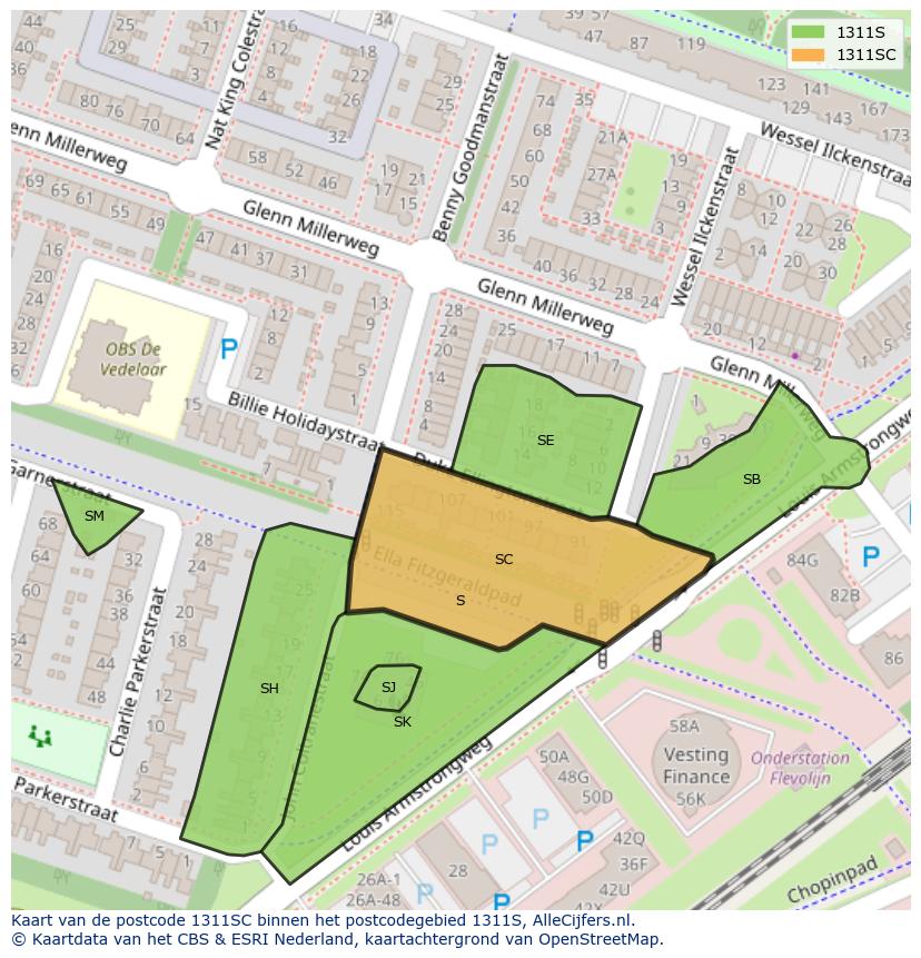 Afbeelding van het postcodegebied 1311 SC op de kaart.