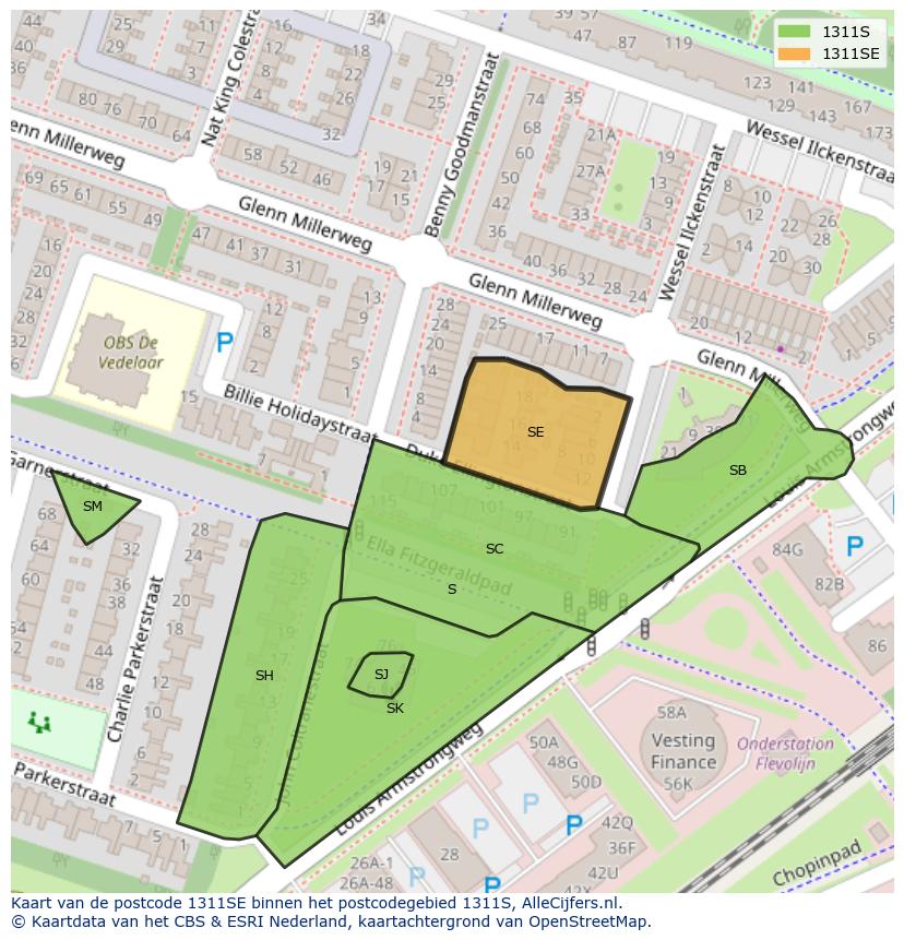 Afbeelding van het postcodegebied 1311 SE op de kaart.