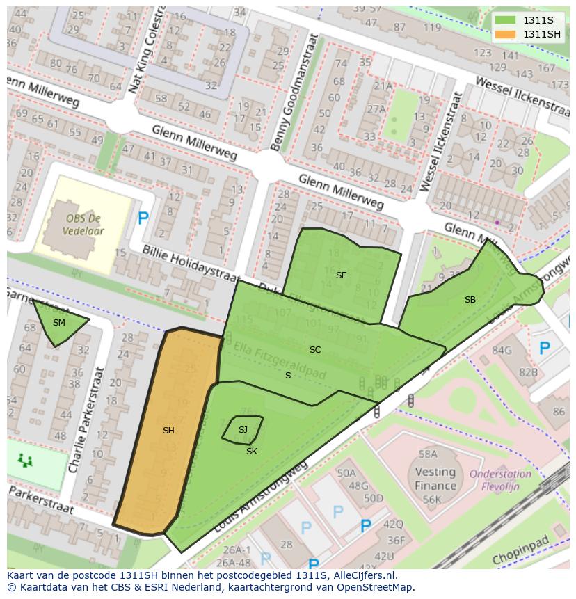 Afbeelding van het postcodegebied 1311 SH op de kaart.