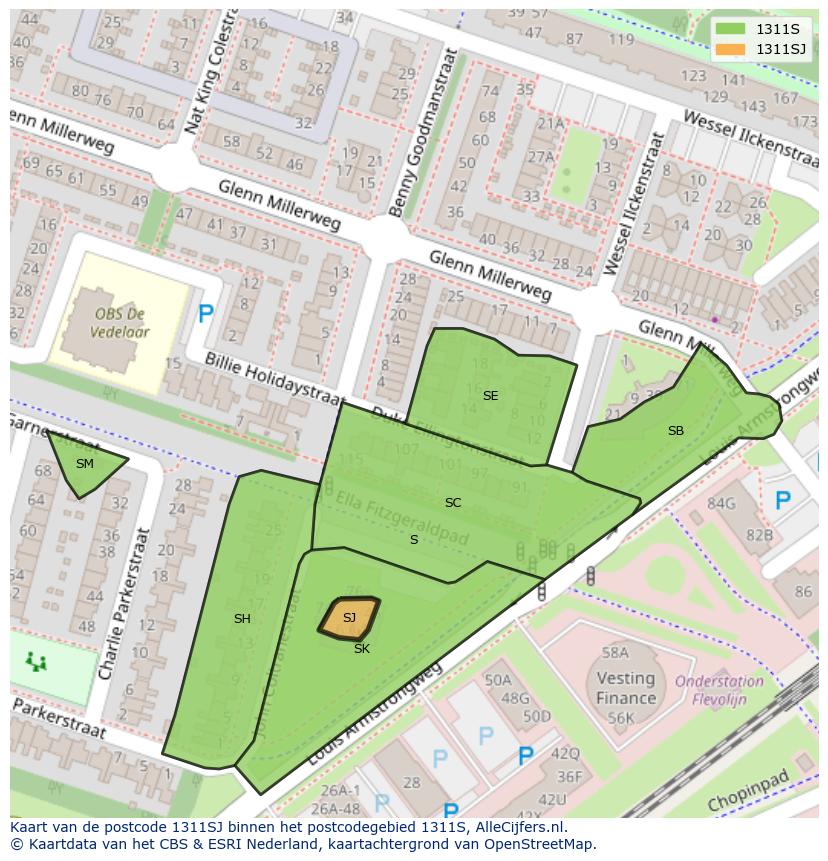 Afbeelding van het postcodegebied 1311 SJ op de kaart.