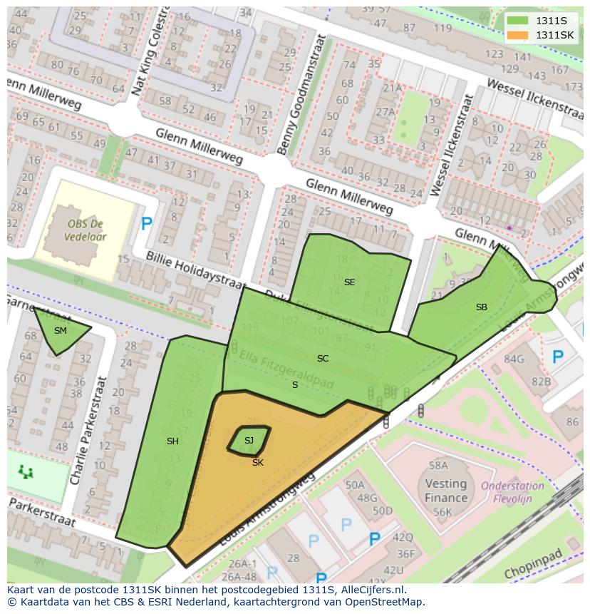 Afbeelding van het postcodegebied 1311 SK op de kaart.