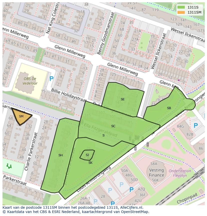 Afbeelding van het postcodegebied 1311 SM op de kaart.