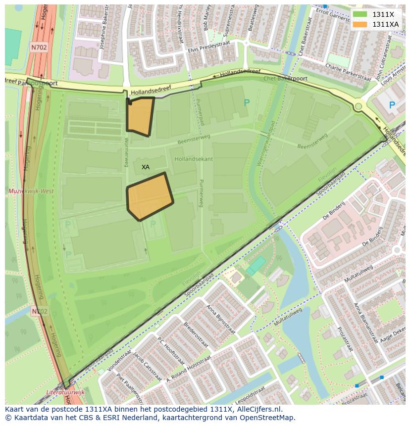 Afbeelding van het postcodegebied 1311 XA op de kaart.