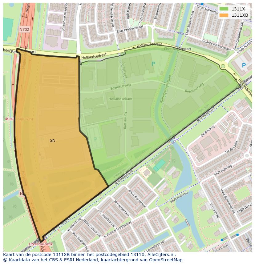Afbeelding van het postcodegebied 1311 XB op de kaart.