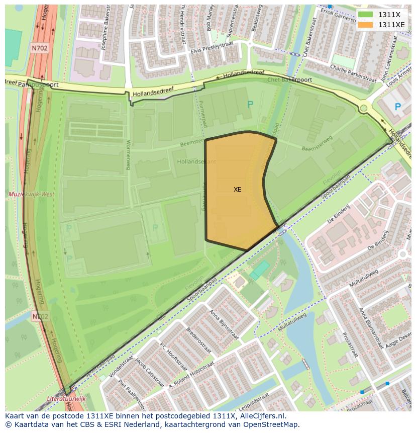 Afbeelding van het postcodegebied 1311 XE op de kaart.