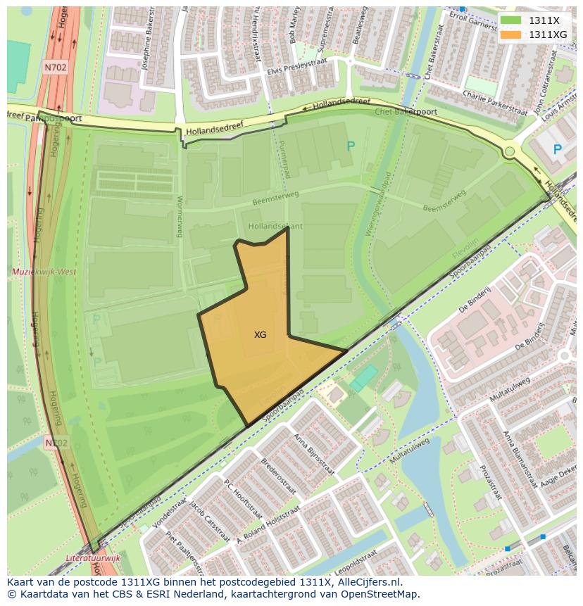 Afbeelding van het postcodegebied 1311 XG op de kaart.