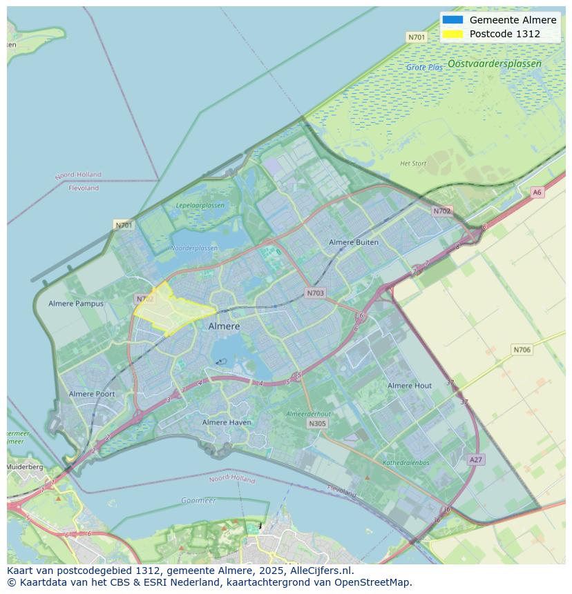Afbeelding van het postcodegebied 1312 op de kaart.