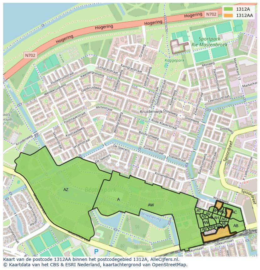 Afbeelding van het postcodegebied 1312 AA op de kaart.
