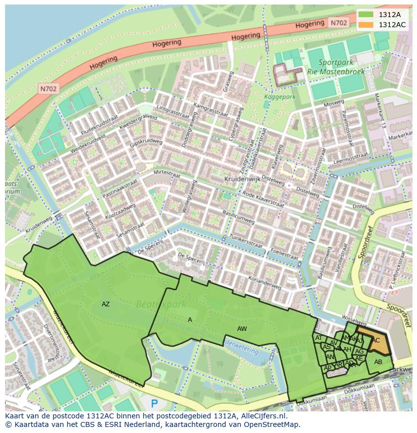 Afbeelding van het postcodegebied 1312 AC op de kaart.