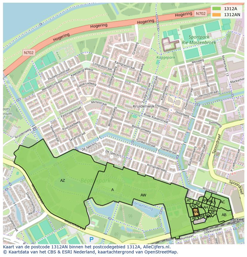 Afbeelding van het postcodegebied 1312 AN op de kaart.