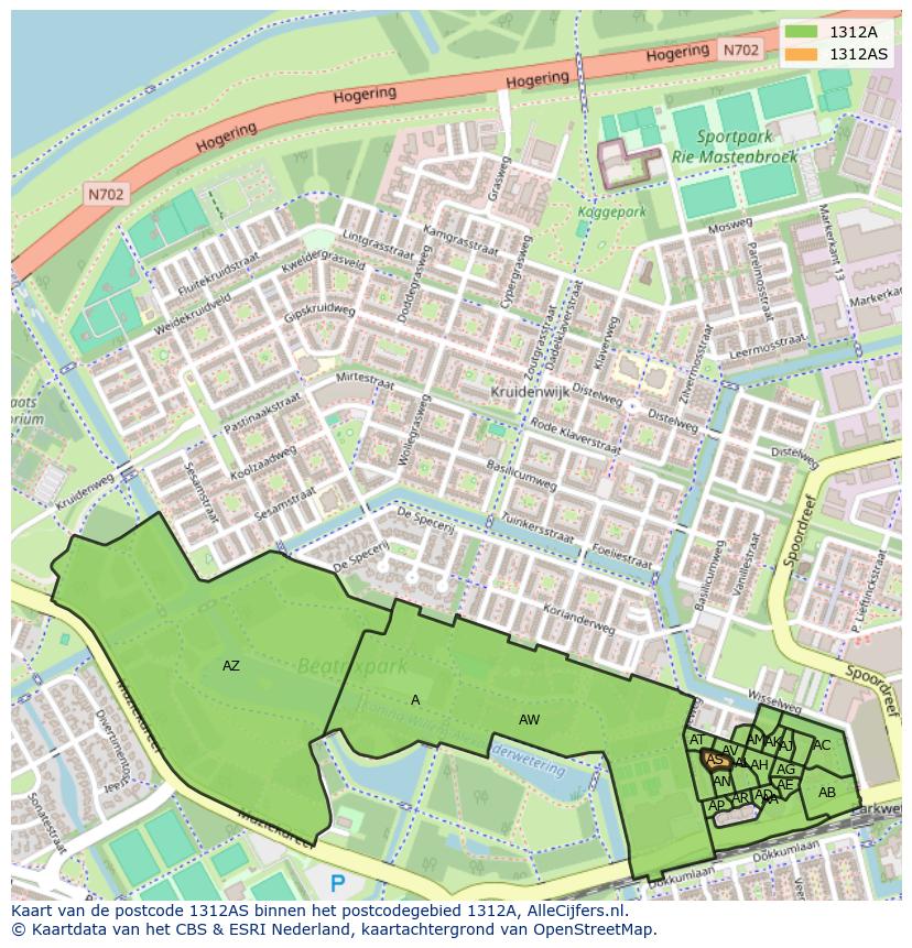 Afbeelding van het postcodegebied 1312 AS op de kaart.