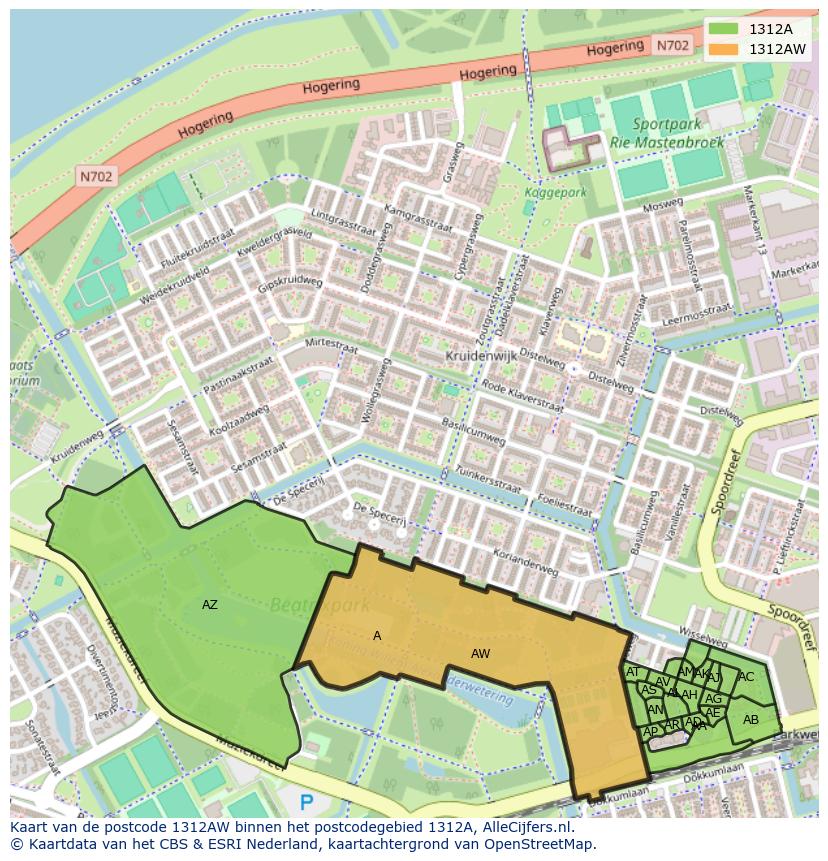 Afbeelding van het postcodegebied 1312 AW op de kaart.