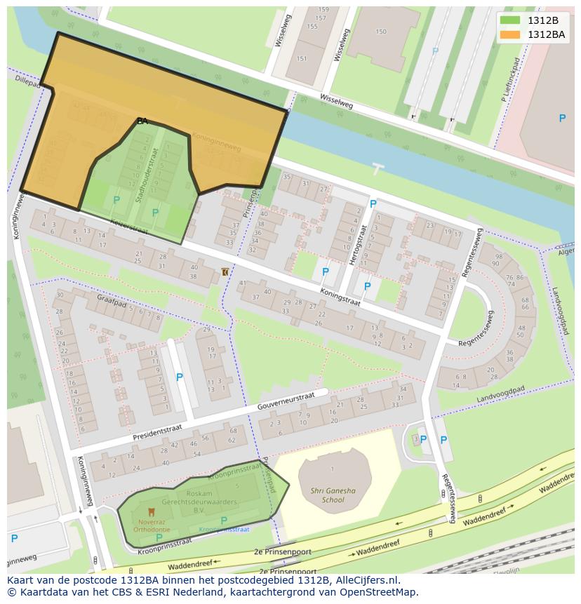Afbeelding van het postcodegebied 1312 BA op de kaart.