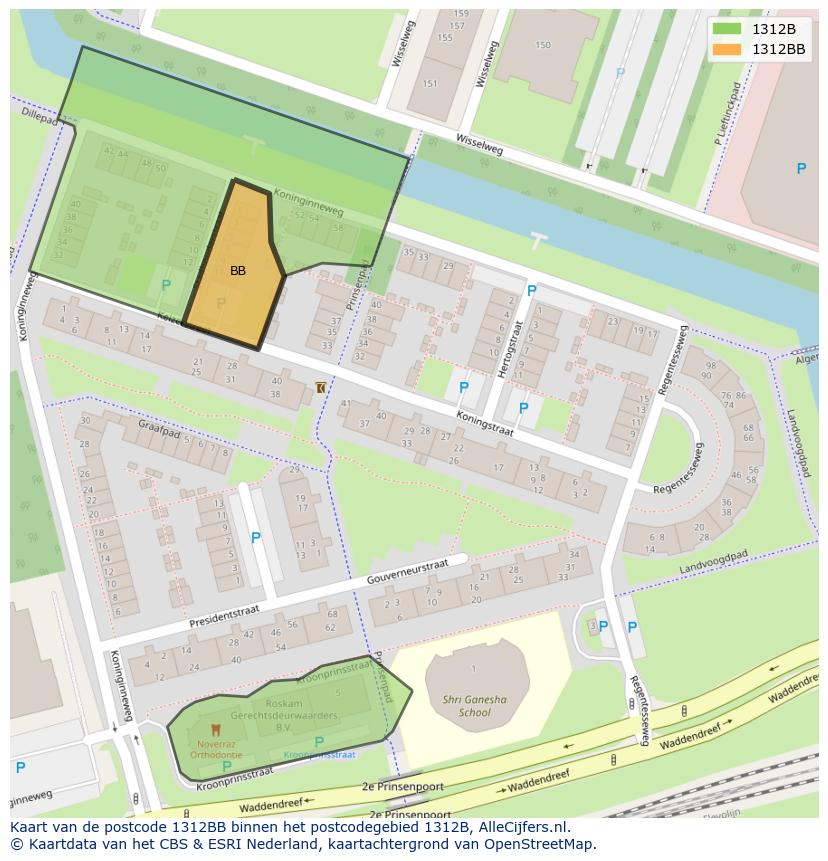 Afbeelding van het postcodegebied 1312 BB op de kaart.