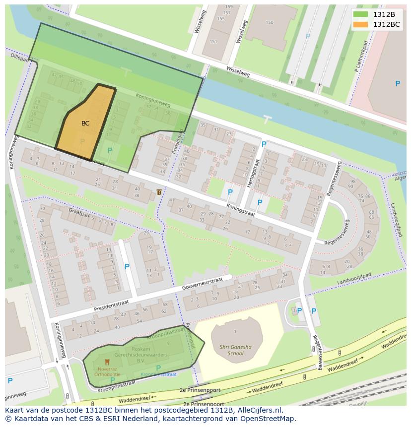 Afbeelding van het postcodegebied 1312 BC op de kaart.