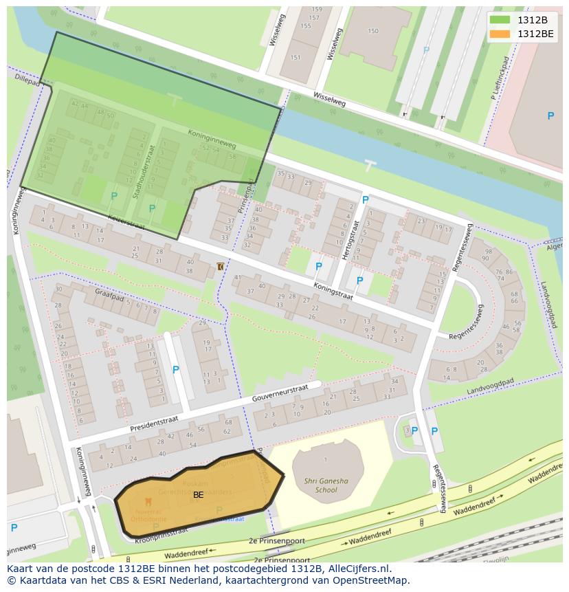 Afbeelding van het postcodegebied 1312 BE op de kaart.