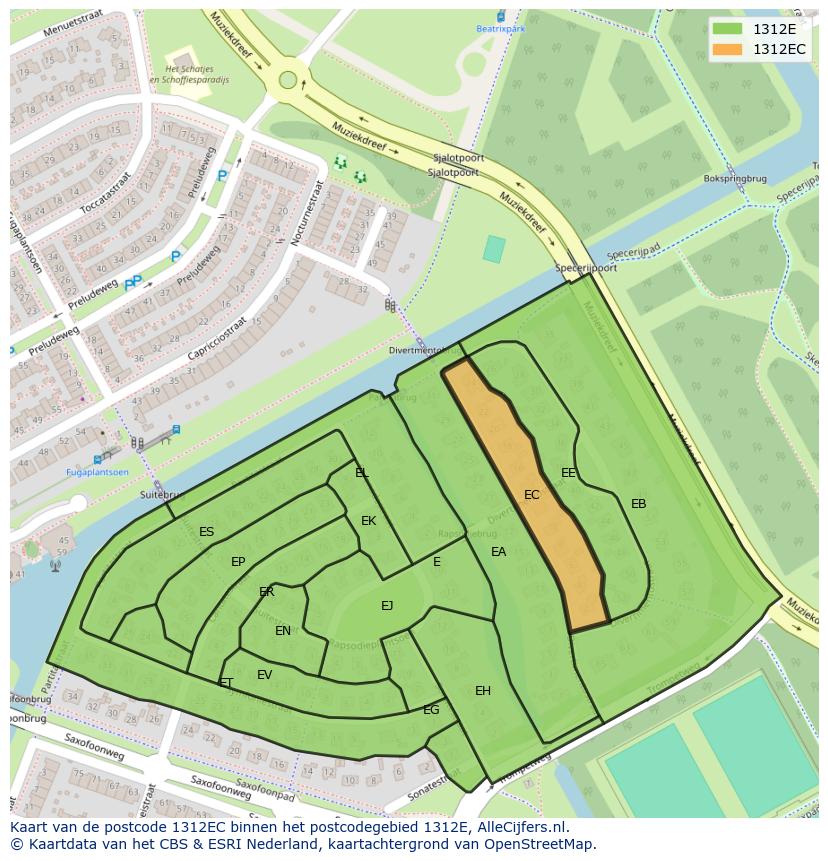 Afbeelding van het postcodegebied 1312 EC op de kaart.