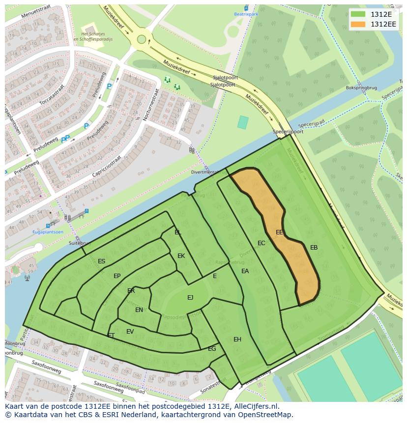Afbeelding van het postcodegebied 1312 EE op de kaart.