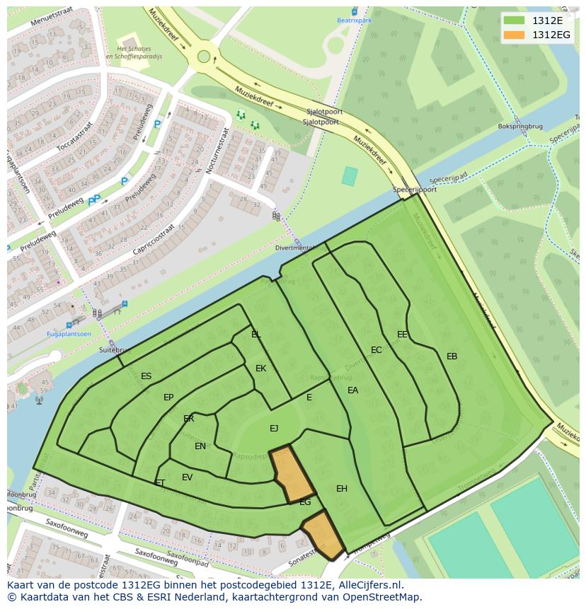 Afbeelding van het postcodegebied 1312 EG op de kaart.