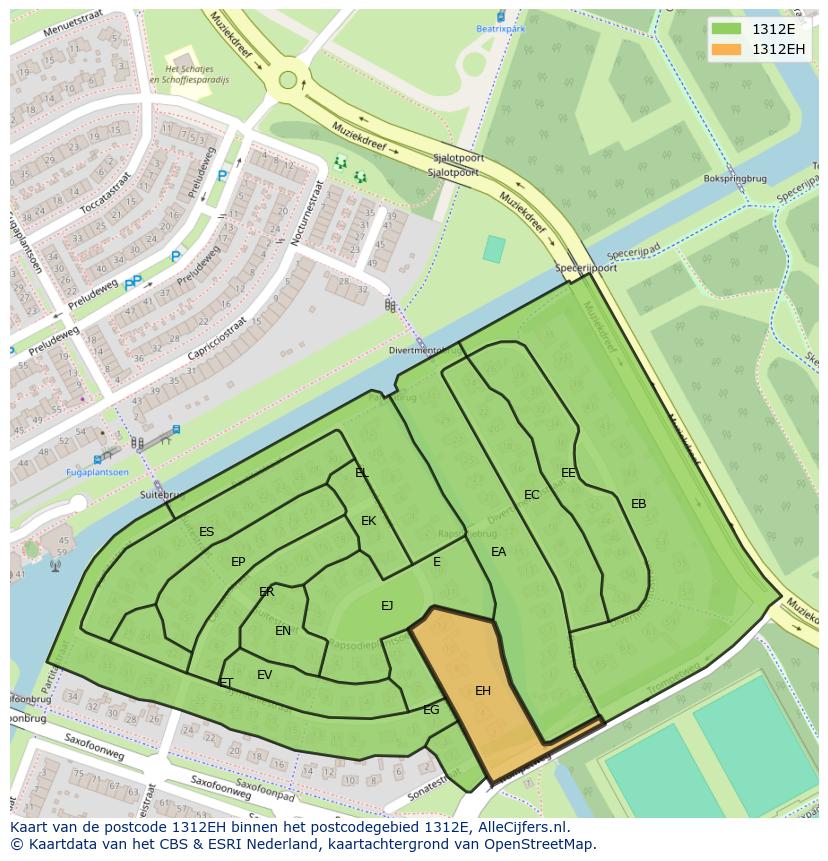 Afbeelding van het postcodegebied 1312 EH op de kaart.