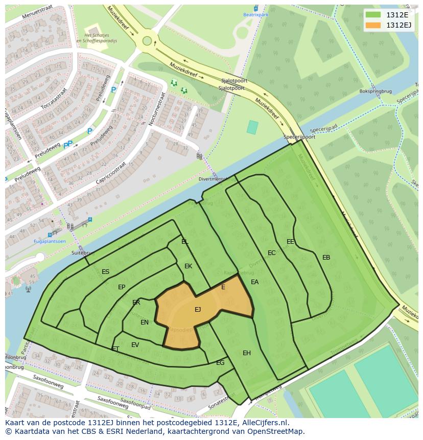 Afbeelding van het postcodegebied 1312 EJ op de kaart.