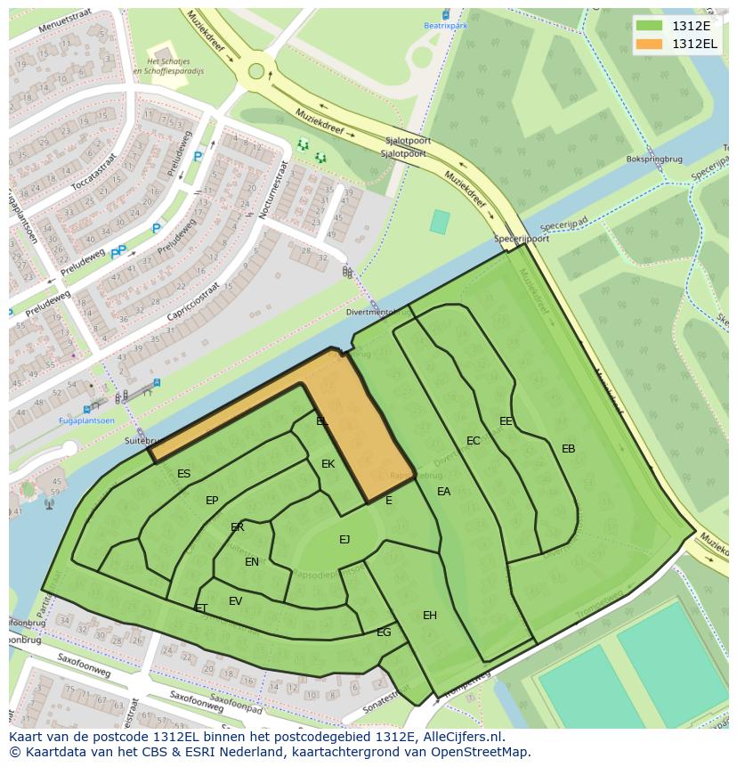 Afbeelding van het postcodegebied 1312 EL op de kaart.