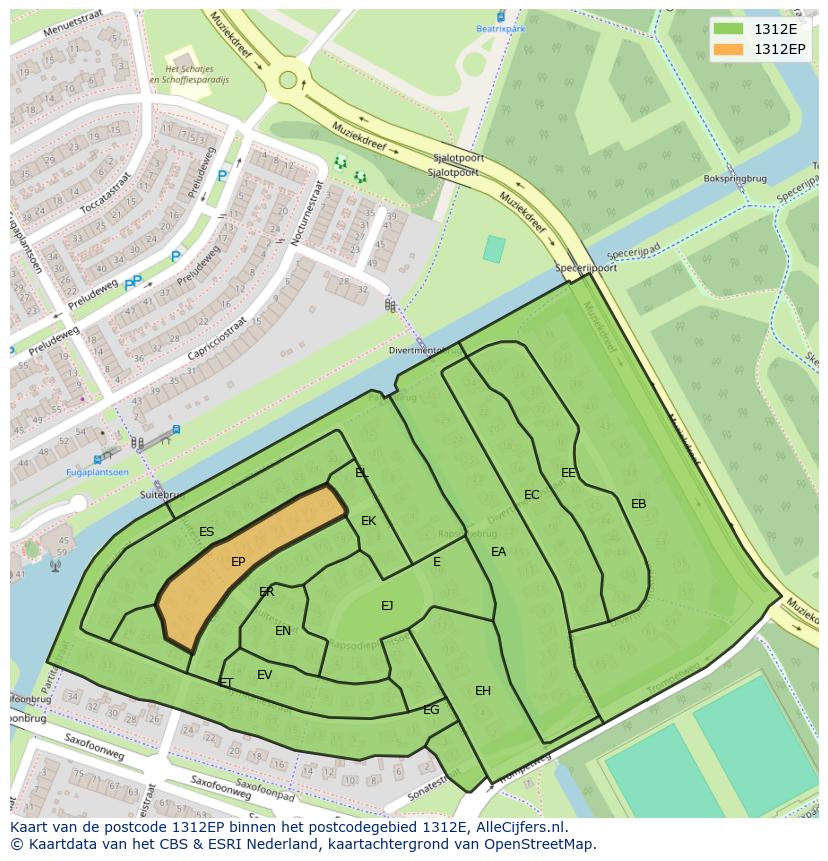 Afbeelding van het postcodegebied 1312 EP op de kaart.