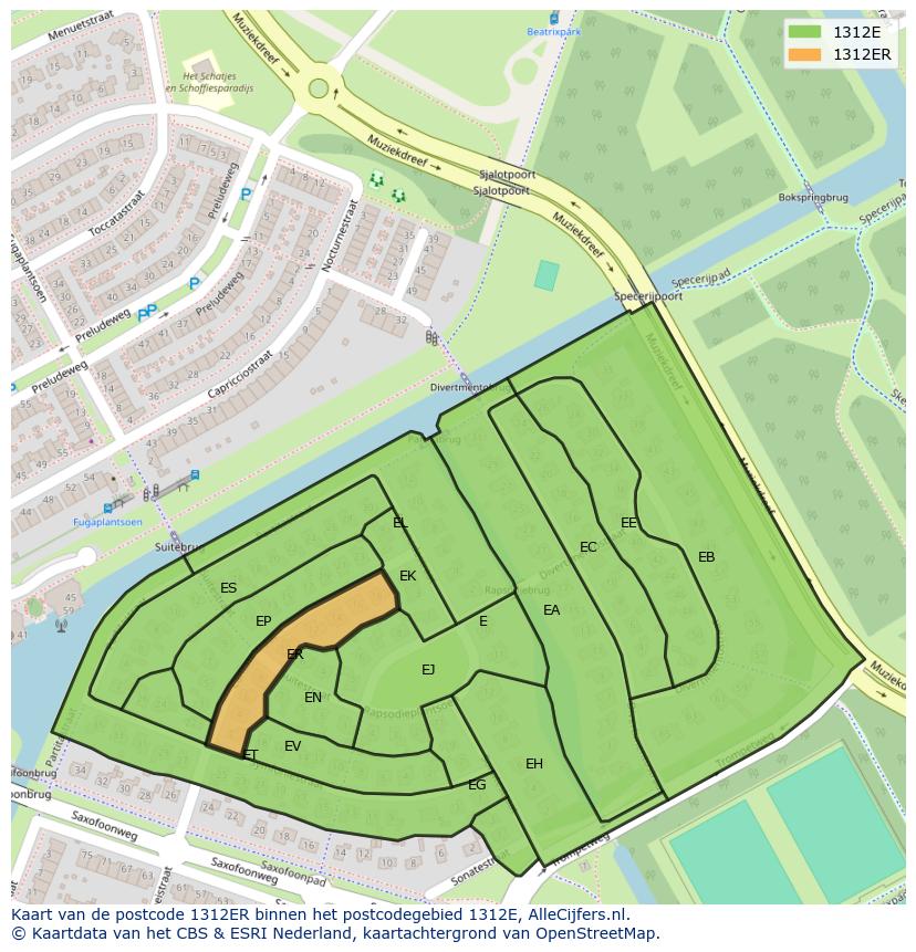 Afbeelding van het postcodegebied 1312 ER op de kaart.
