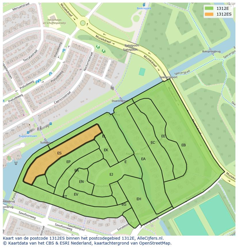 Afbeelding van het postcodegebied 1312 ES op de kaart.