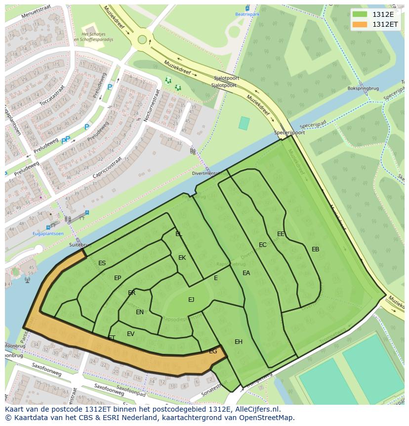 Afbeelding van het postcodegebied 1312 ET op de kaart.